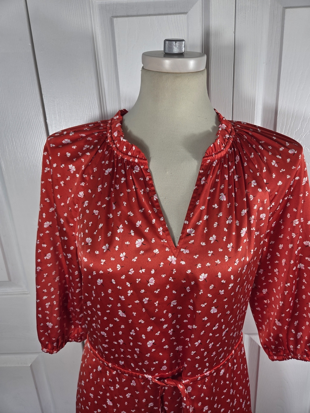 Draper James Red Floral Mini Dress Tie Waist Puff Sleeve Small - Picture 2 of 8